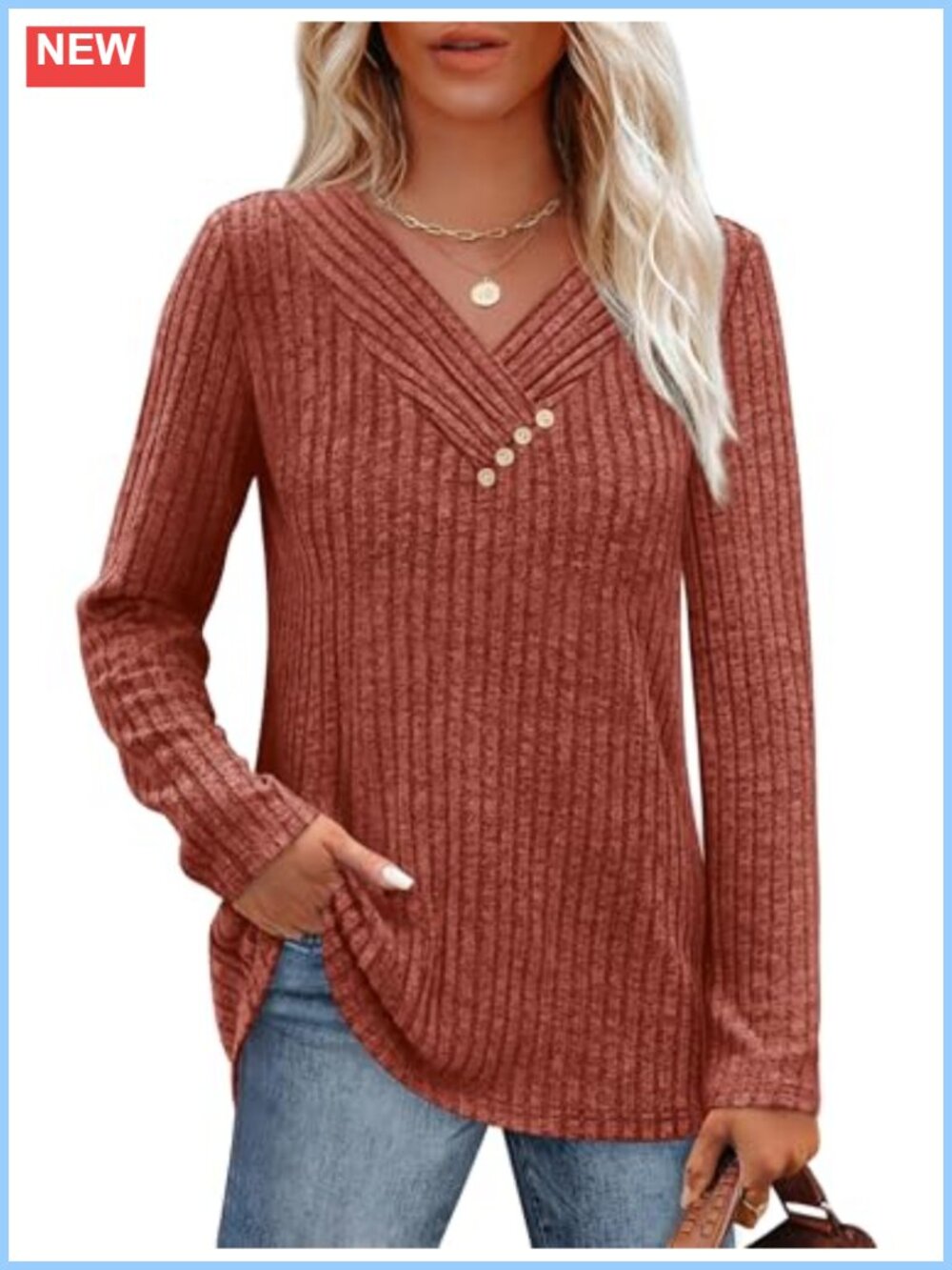 SAMPEEL Women's V Neck Long Sleeve Knit Top with Buttons Casual Loose Fit